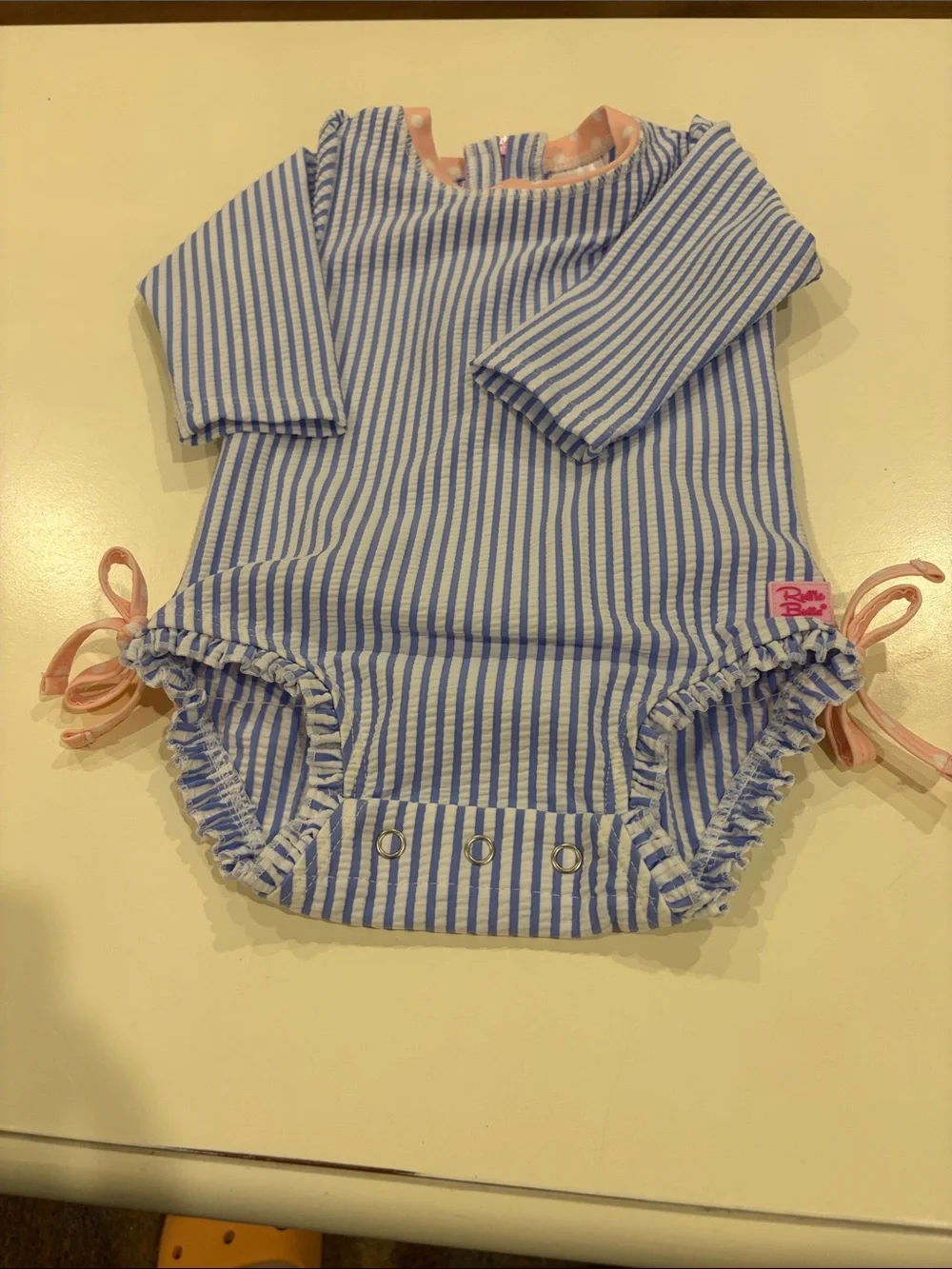 Ruffle Butts Blue & Pink Striped Long-Sleeve One-Piece